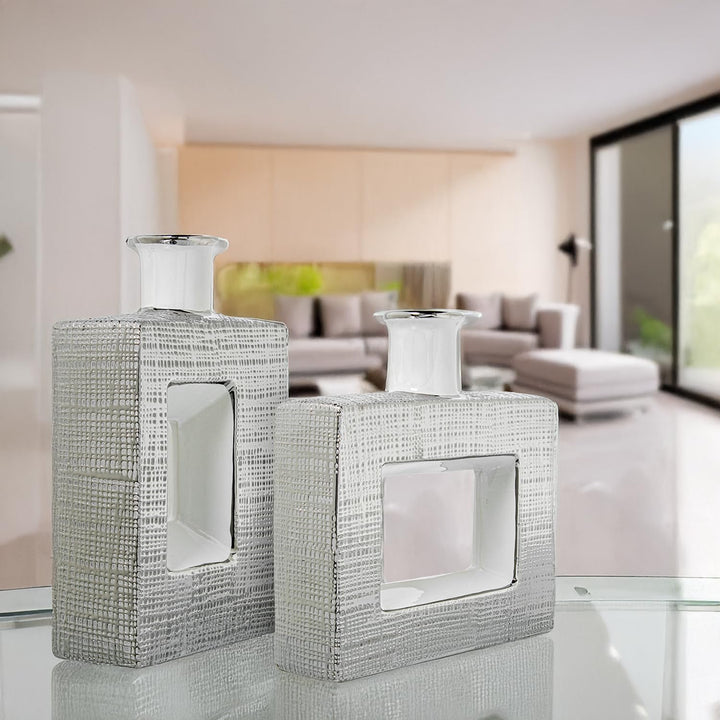 JARRON CERAMICA AGUJERO 24CM PLATA/BLANCO BRILLO_24X6X24CM
