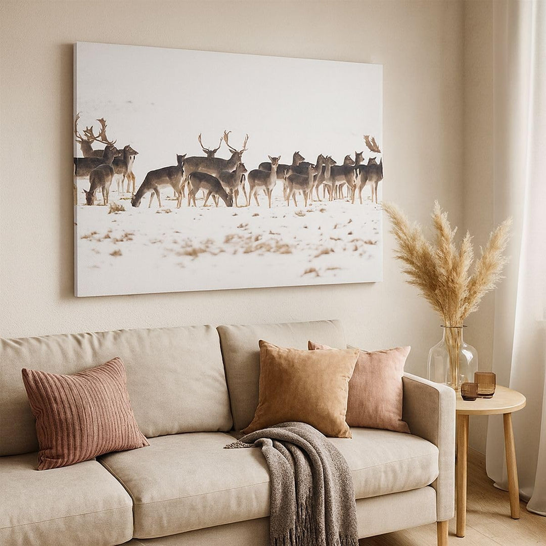 Bilder auf Leinwand 100x70cm Leinwandbild Hirsch Winter Tierwelt Landschaft Gross Wanddeko Bild Schl