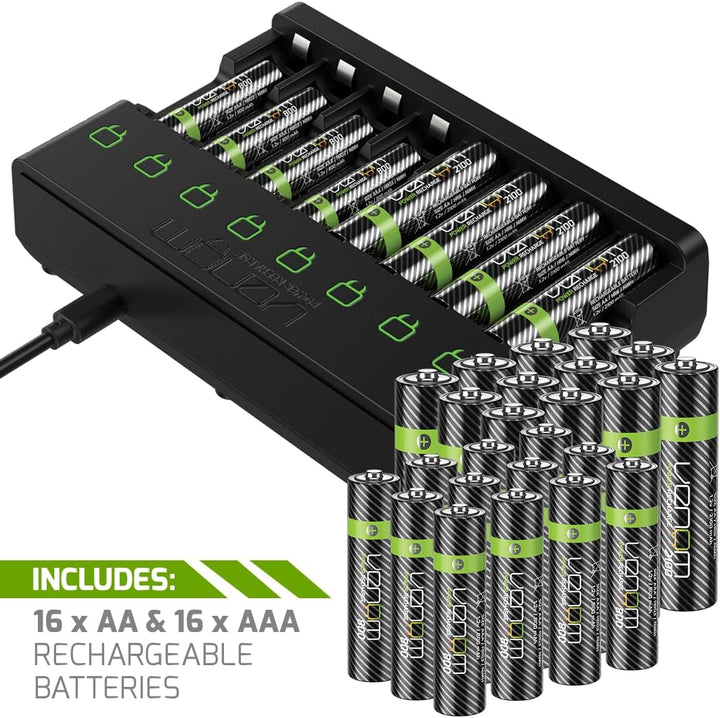 Venom Wiederaufladbare Batterien mit Ladestation – inklusive 16 x AA (1200 mAh) und 16 x AAA (800 mA
