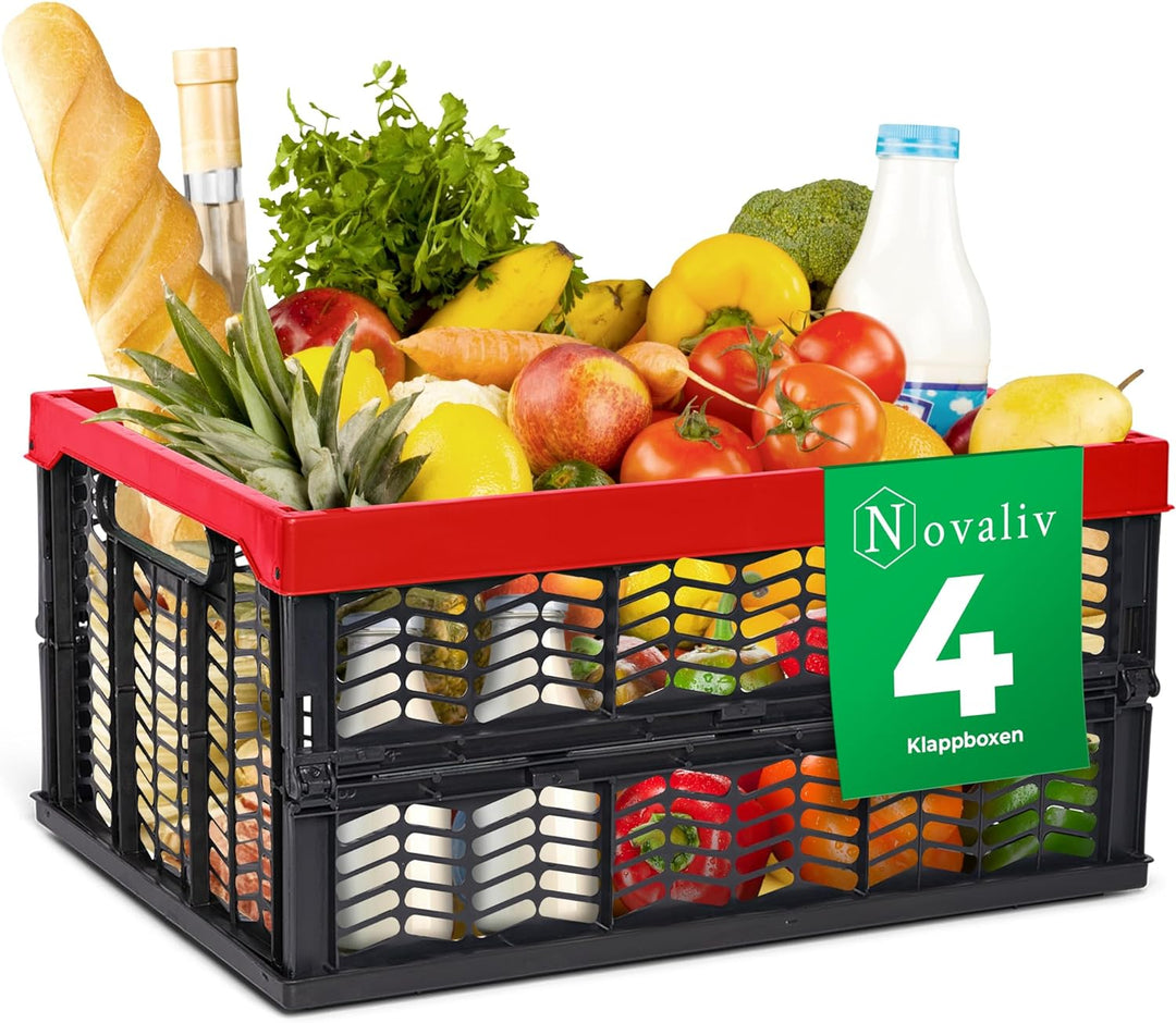 Novaliv Klappboxen faltbar stabil 4x 30L Rot Schwarz baskets Einkaufskiste Klappkisten Set Tragebox
