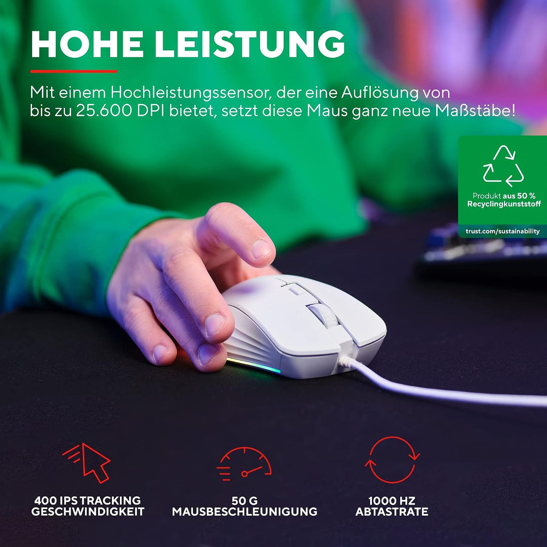 Trust Gaming GXT 924W Ybar+ Kabelgebundene Gaming Maus, 25600 DPI, 50% Recycelten Materialien, 6 Pro