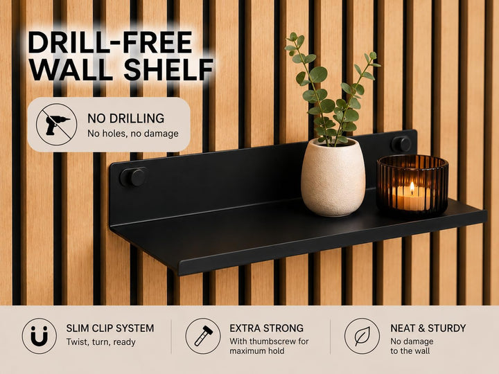Regal für Akustikpaneele ohne Bohren – 50 cm, 2er-Set universell – Schweberegal Metall Schwarz – Aku