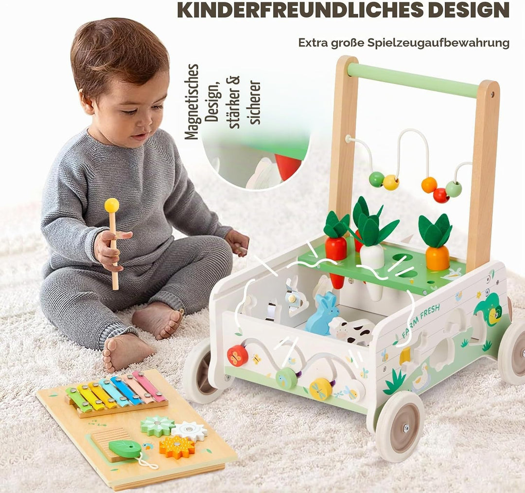 Labebe Lauflernwagen Holz,Baby Lauflernhilfe mit gummierten Holzrädern und Activity Center, Gehfrei
