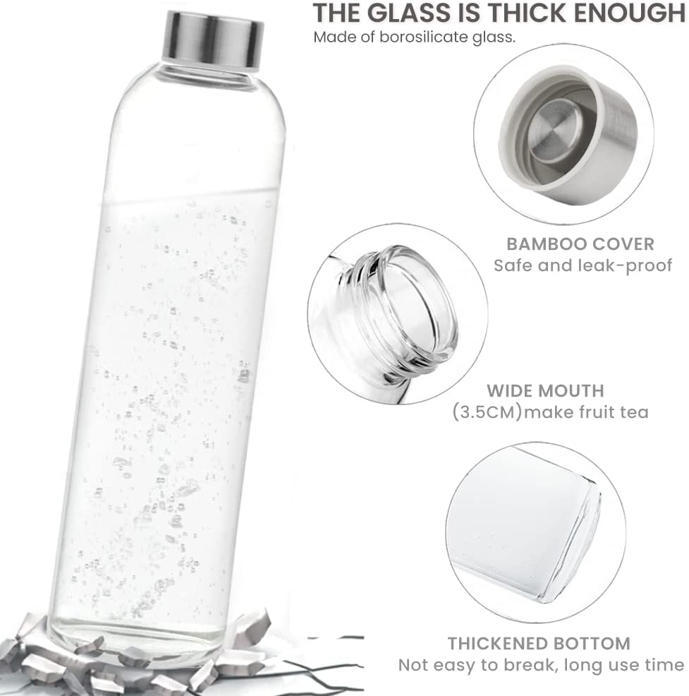 Bugucat Glasflasche1000 ML, Trinkflasche aus Glas mit Edelstahlabdeckung Schutzhülle，Wasserflasche A