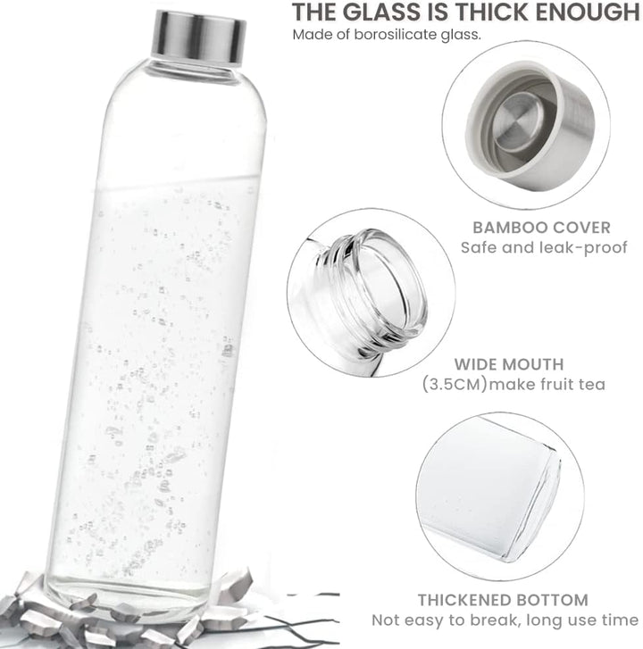 Bugucat Glasflasche1000 ML, Trinkflasche aus Glas mit Edelstahlabdeckung Schutzhülle，Wasserflasche A