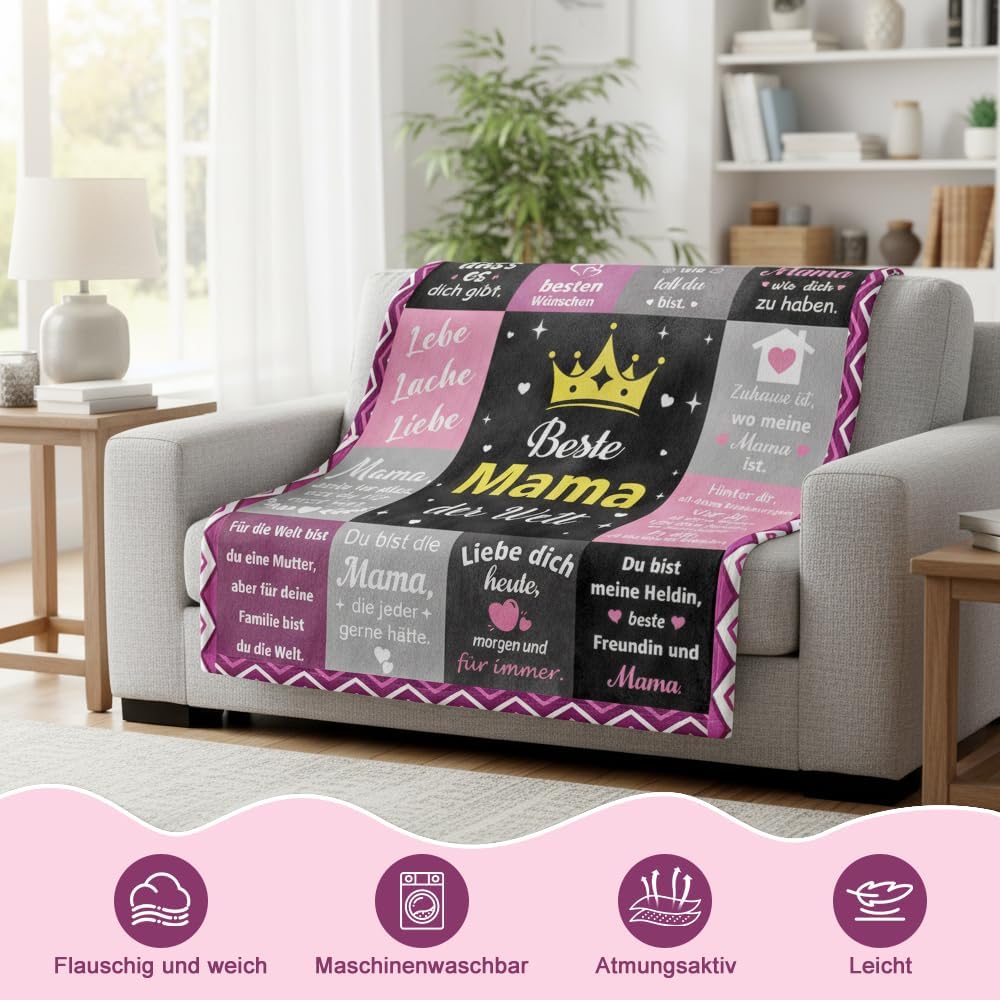 Mama Geschenk Kuscheldecke 150×130CM Flanelldecke Schlafdecke für Mama Katzenmam Oma Muttertagsgesch