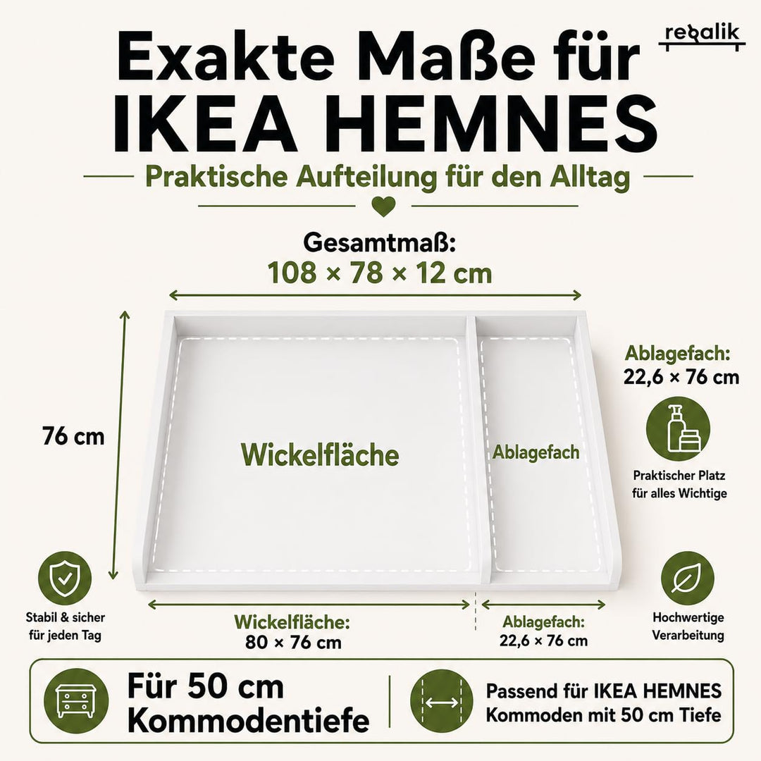 Wickeltischaufsatz mit Teilung für IKEA HEMNES, Wickelkommoden Aufsatz mit Trennfach, 50 cm Tiefe, a