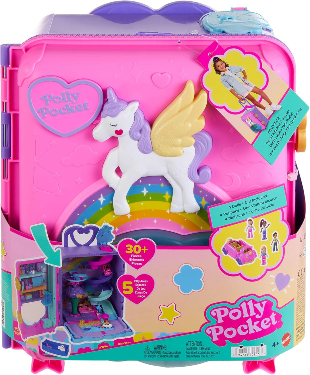 Polly Pocket Pollyville Urlaub im Rollkoffer - 4 Puppen, 1 Fahrzeug, 25+ Zubehörteile, Strand, Prome