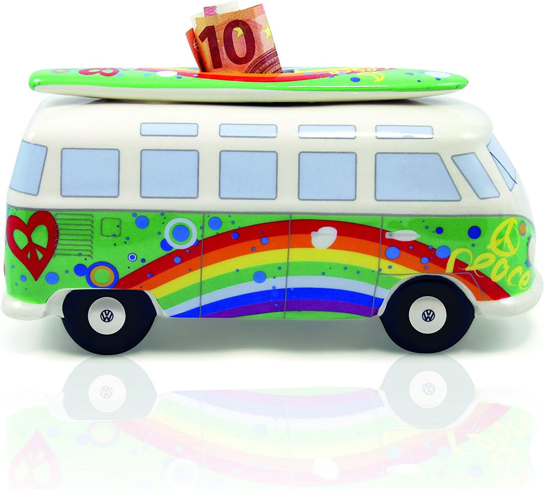 BRISA VW Collection - Volkswagen Spar-Büchse-Schwein-Dose mit Surfbrett im T1 Bulli Bus Samba Design