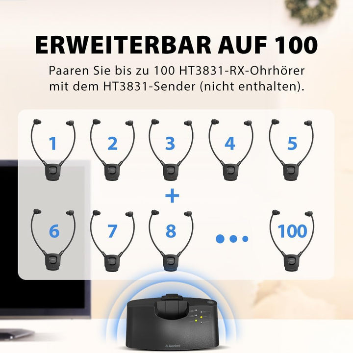 Avantree HT3831 – Kabellose TV Kopfhörer für Senioren &amp; Funkkopfhörer mit L/R Lautstärkeregelung, Um