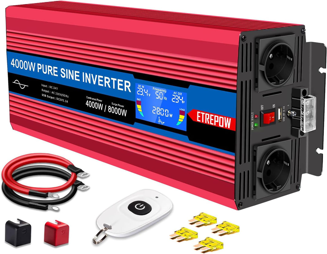 ETREPOW 4000w Spannungswandler 24v 230v Reine Sinus Wechselrichter mit 2 EU-Steckdosen und USB, kabe