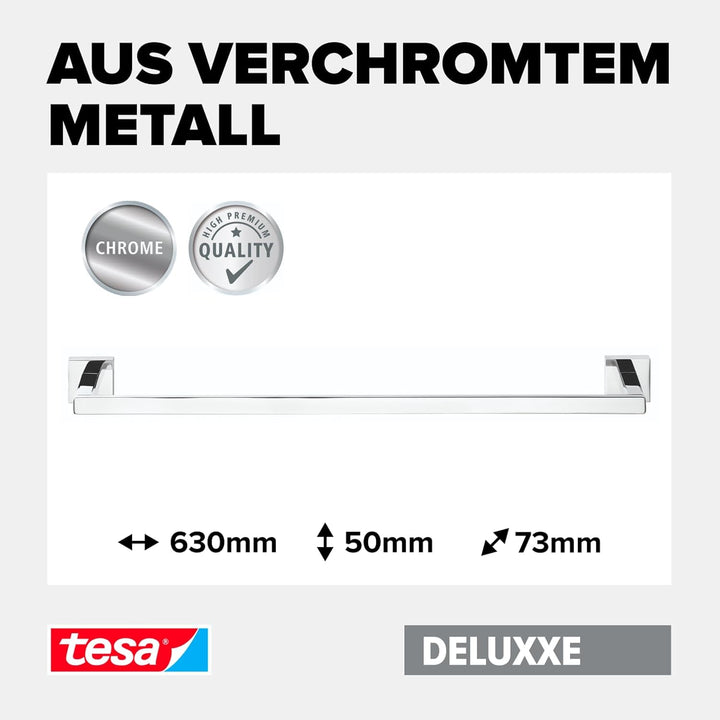 tesa DELUXXE Handtuchstange, verchromt - Badetuchhalter zur Wandbefestigung ohne Bohren, inkl. Klebe