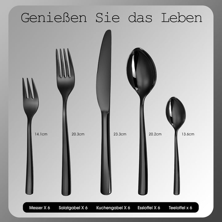 Besteck Set für 6 Personen,30 teilig Edelstahl Besteckset,Besteck Set Schwarz mit Messer Gabel Löffe