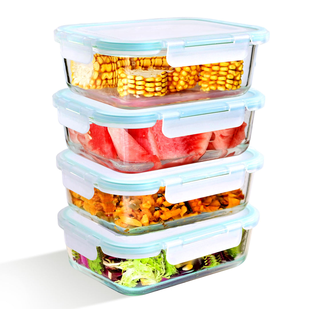 LNWSN Büro Lunchbox Glas Set Erwachsene – 4x1040ML Grossvolumen 1040ml Einzeln mit Blauem Deckel | G