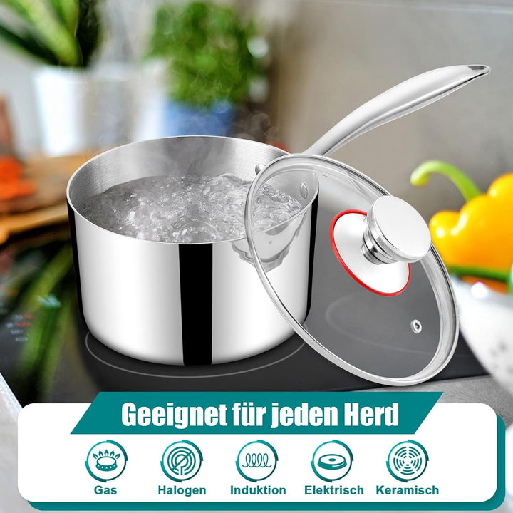 Homikit Stielkasserolle, 3-Lagen Edeastahl 14cm Kasserolle mit Glasdeckel, Klein Kochtopf Milchtopf