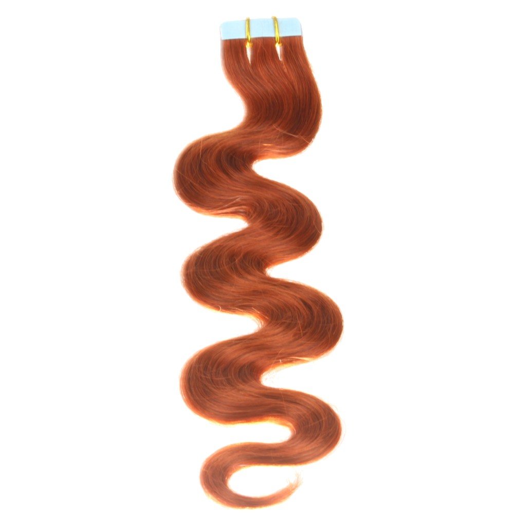 hair2heart 30 x Tape In Extensions aus Echthaar, 60cm, 2,5g Strähnen, gewellt - Farbe 350 kupferrot