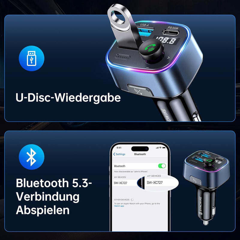 SYNCWIRE Bluetooth 5.3 FM-Transmitter-Autoladegerät 48W (PD 36W &12W) Dualer USB-Anschluss Ladegerät