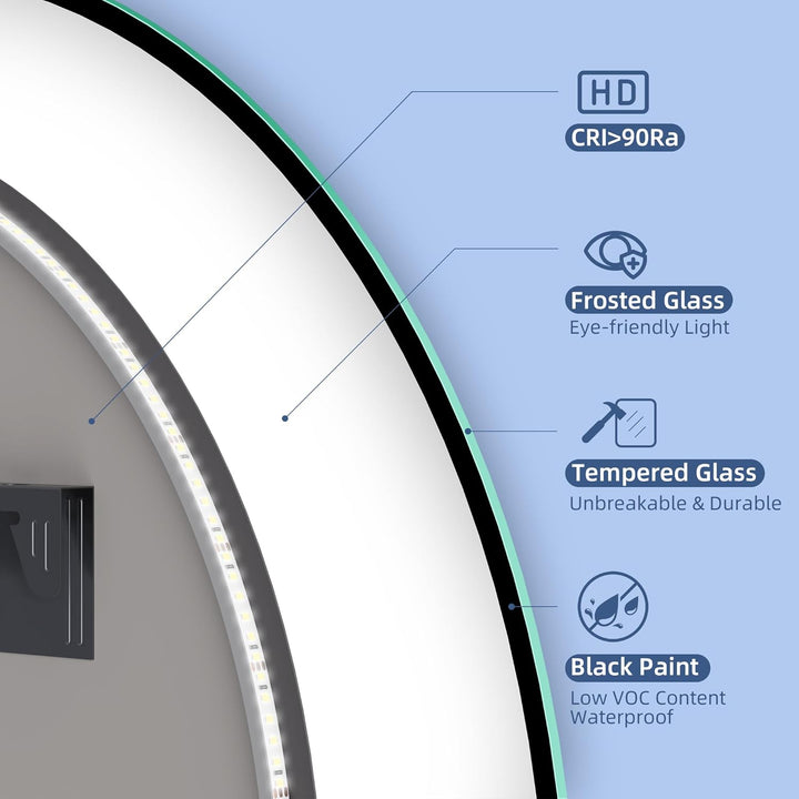 STARLEAD Rund Badspiegel-mit-Beleuchtung 80cm, Asymmetrischer-Spiegel mit Bluetooth, Dimmbar, 3 Lich