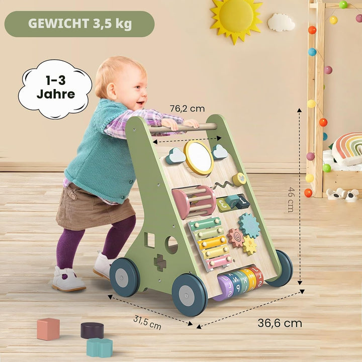 11 in 1 Lauflernwagen Holz Baby Lauflernhilfe mit Rädern, Montessori Aktivitätszentrum Set Baby Walk