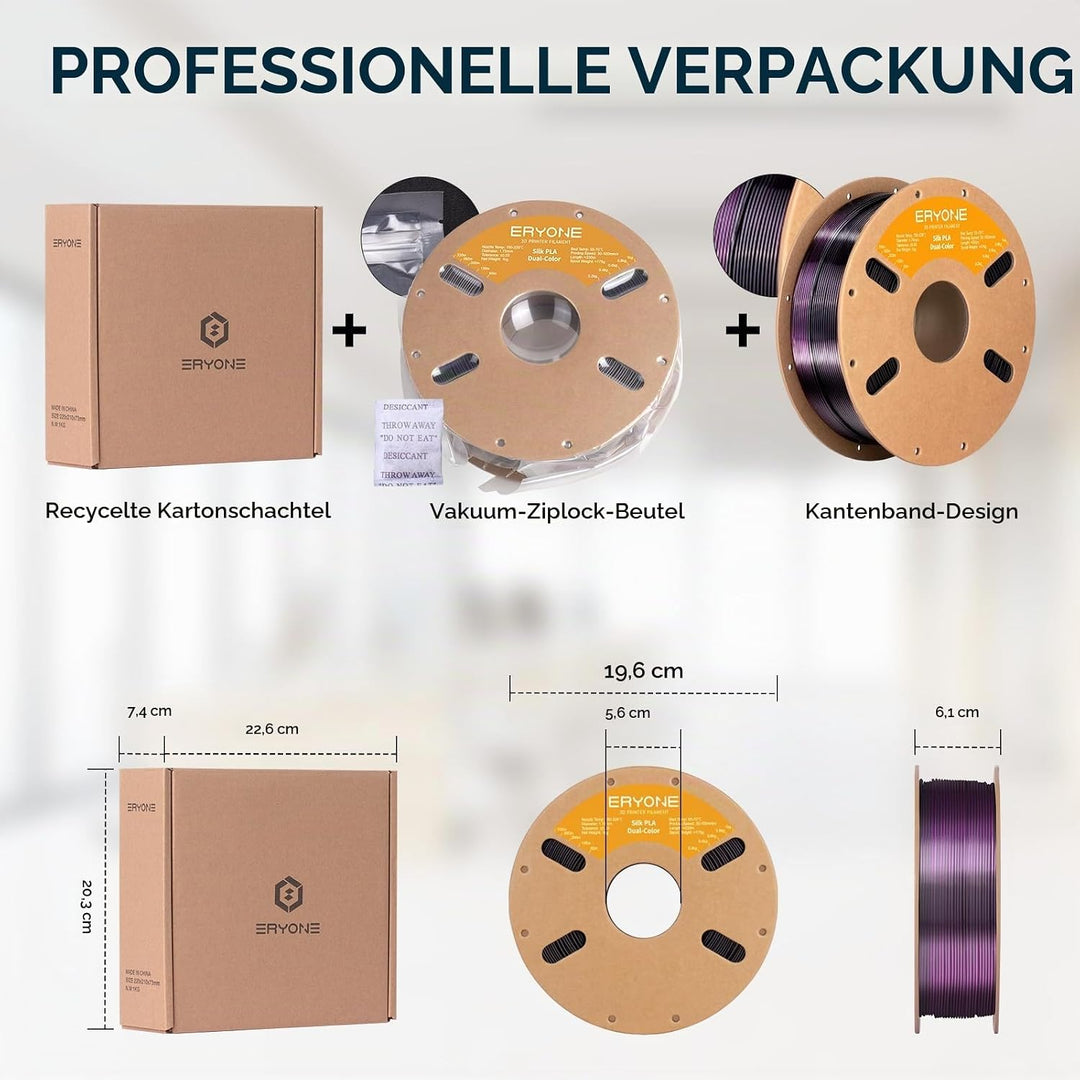 ERYONE Dual Zweifarbig PLA Filament 1.75mm, 3D Drucker Filament 1kg Spule +/- 0,02 mm, Seide Schwarz