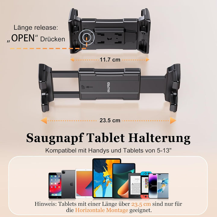 OHLPRO Tablet Halterung Auto Vorne, iPad Halterung Saugnapf, Windschutzsche und Armaturenbrett Unive