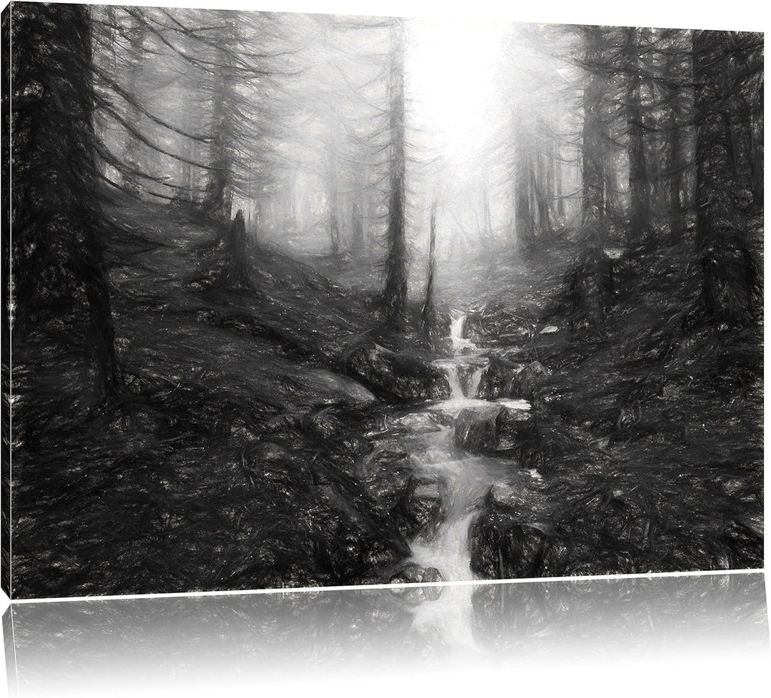 Pixxprint Bach im Wald Kunst als Leinwandbild/Grösse: 100x70 / Wandbild/Kunstdruck/fertig bespannt,