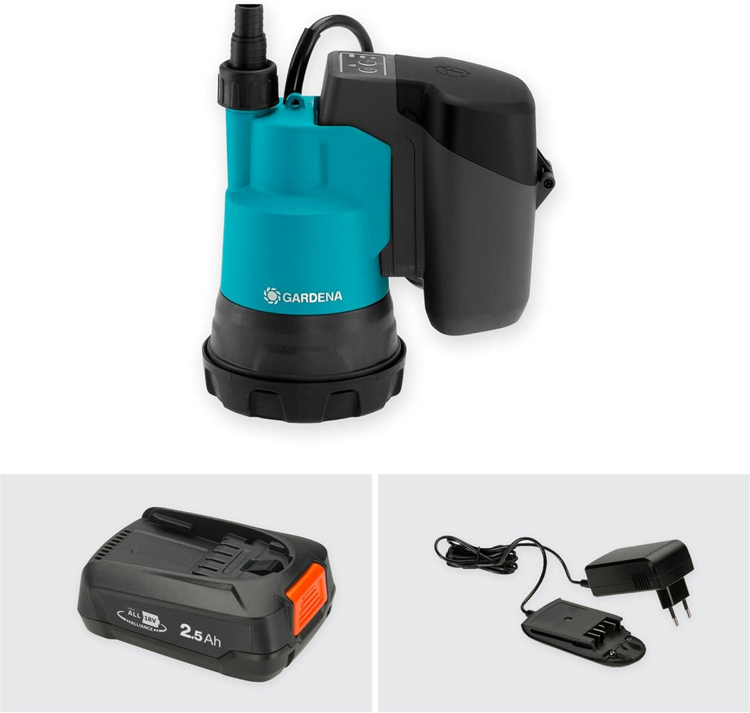Gardena Akku-Klarwasser-Tauchpumpe 2000/2 18V P4A Ready-To-Use Set: Flachsaugende Akku-Tauchpumpe, i