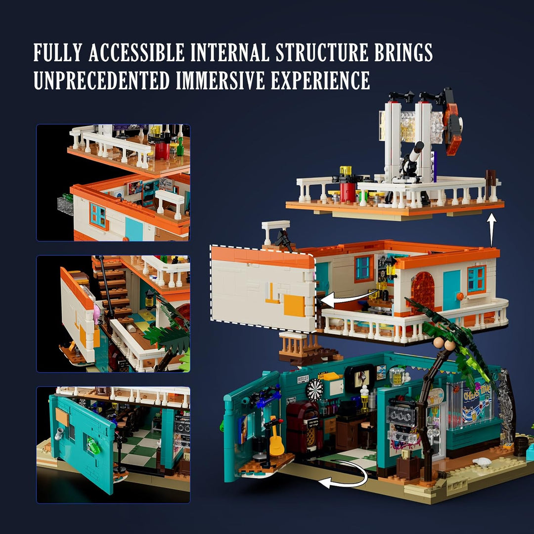 Lumibricks Road Trip Moon Bar Bausatz, 2186 Teile Küsten-Tavernen-Modell mit LED-Licht-Set, 5 Minifi