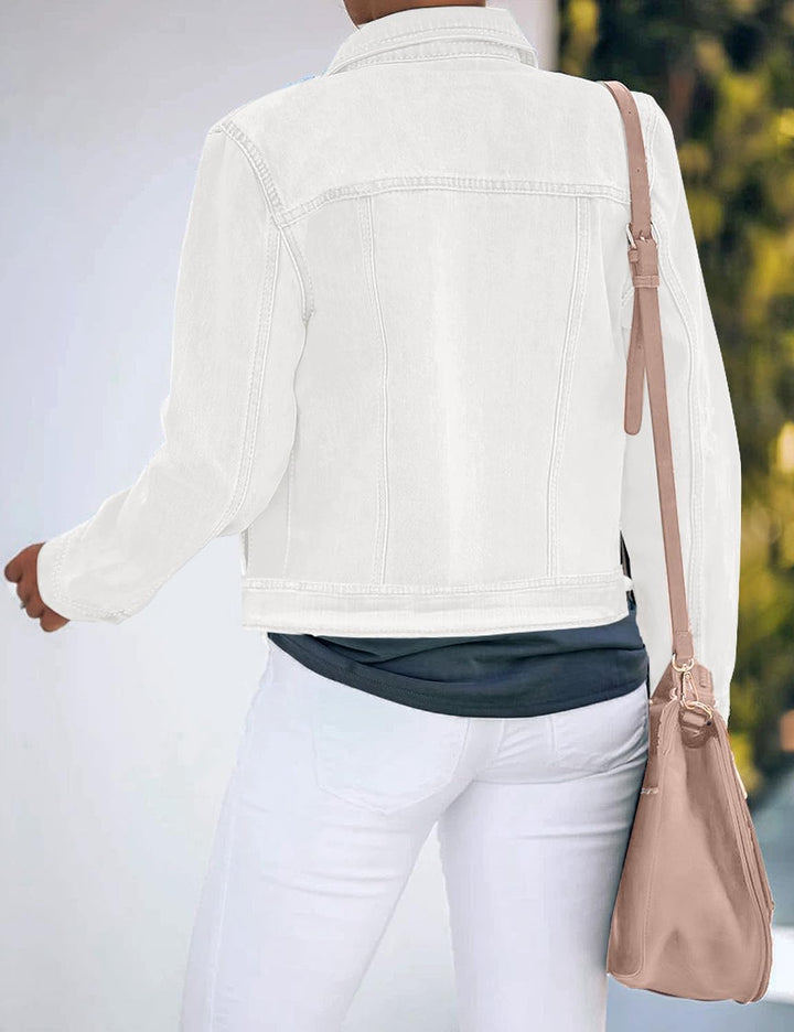 Roskiky Jeansjacken Damen Jean Stretchy Langarm Trucker Jacke mit Tasche M Weiss, M Weiss