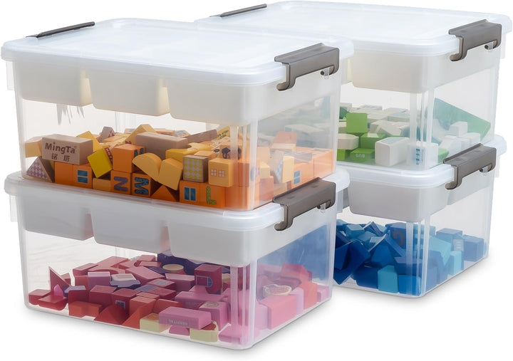 Citylife 4Pack Aufbewahrungsboxen mit Deckel, 16L aus Kunststoff mit abnehmbarem Tablett, Verstärkte