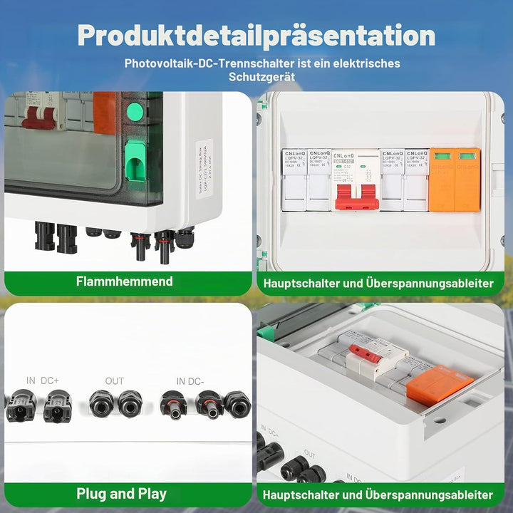 DEWIN 2 Saiten Solar PV Combiner Box, 2 String 500V 32A Solar PV Anschlusskasten Box 2 in 1 aus Wass