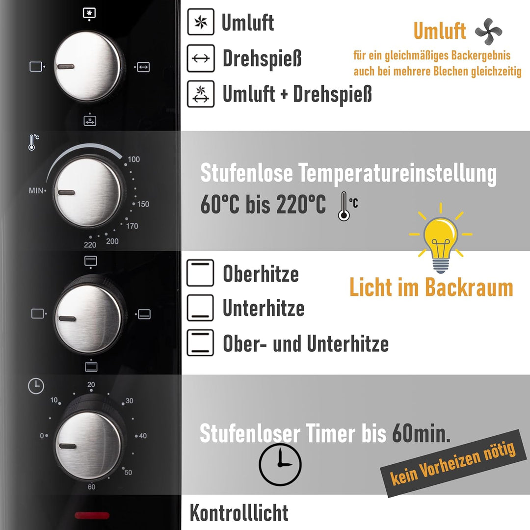 Minibackofen 45 Liter mit Glasfront und 2.000 Watt | Mini Backofen mit Umluft, Drehspiess und Krümel