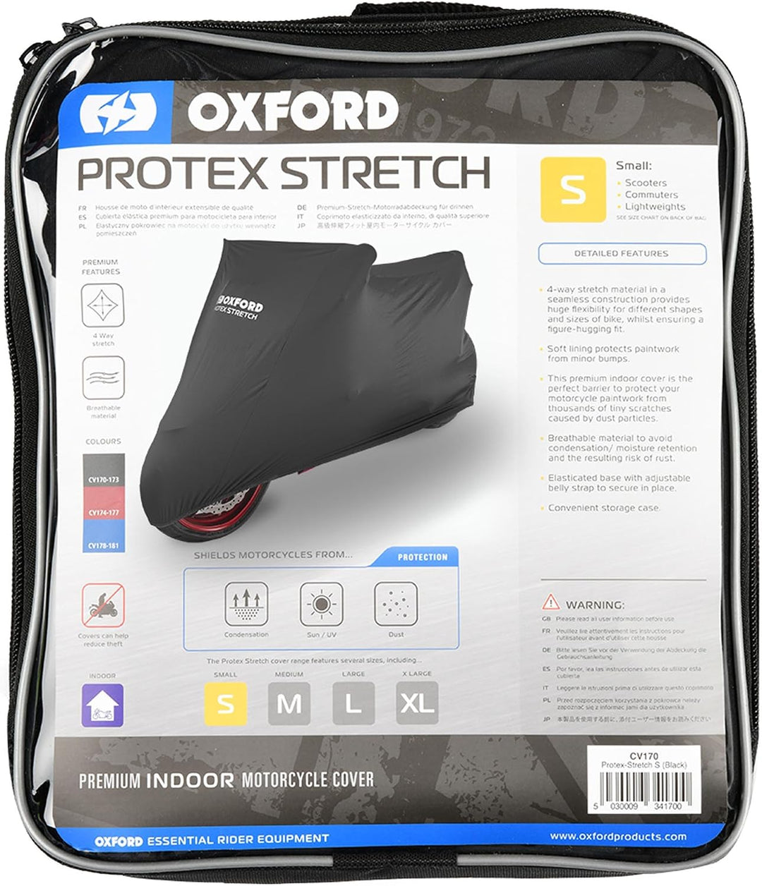 Oxford CV172 PROTEX Stretch-Passform Premium Stretch-Passform Innenraum Motorrad Abdeckung - Schwarz