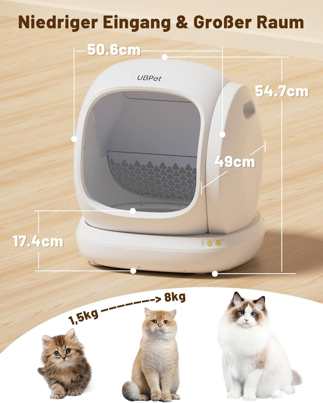 UBPET C20 Selbstreinigende Katzentoilette Katzenklo Selbstreinigend, Breite Öffnung/Grosser Raum/Nie