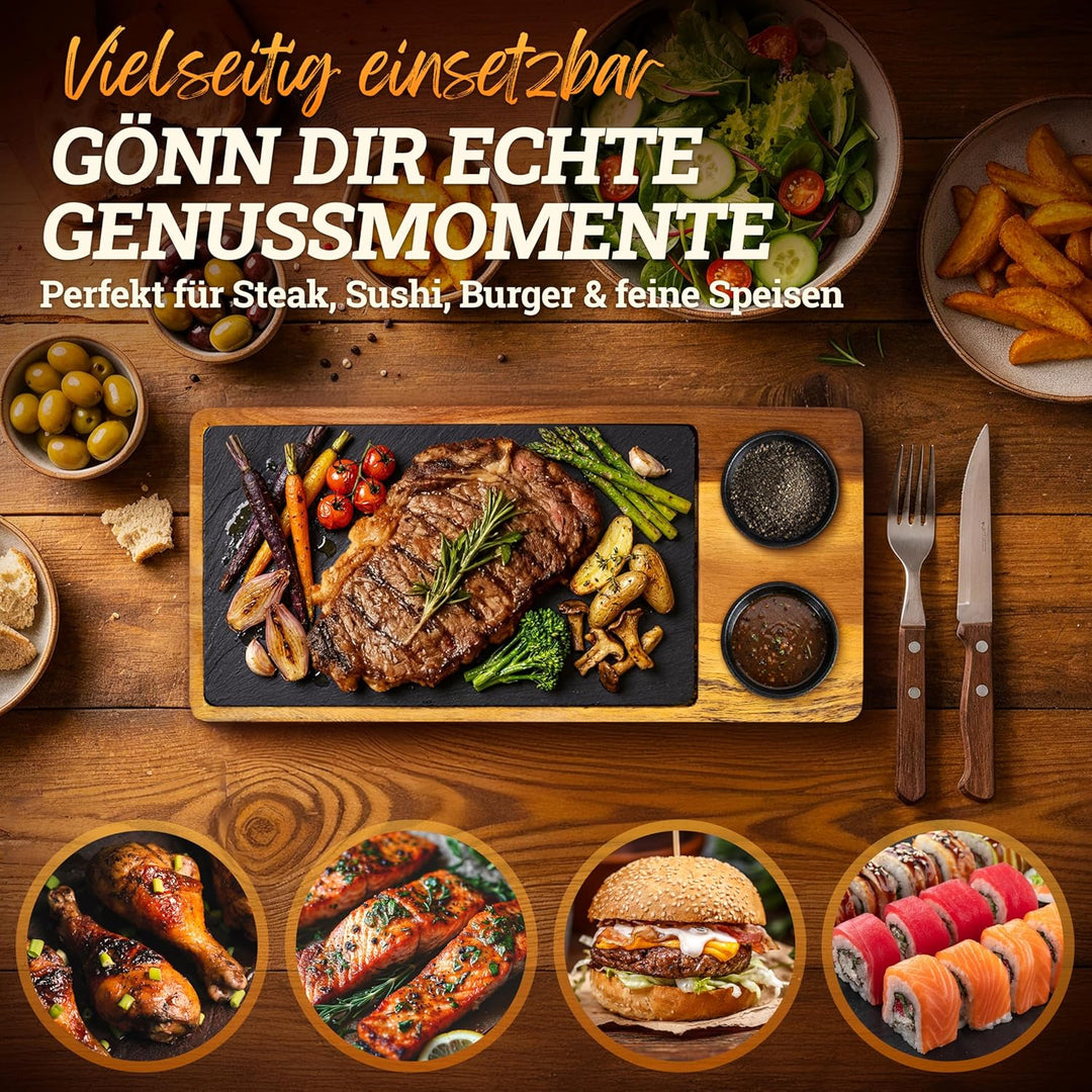 LIKAYA Steak- & Servierbrett 2er-Set aus FSC Akazienholz mit Schieferplatte & Dipschalen – Grillbret