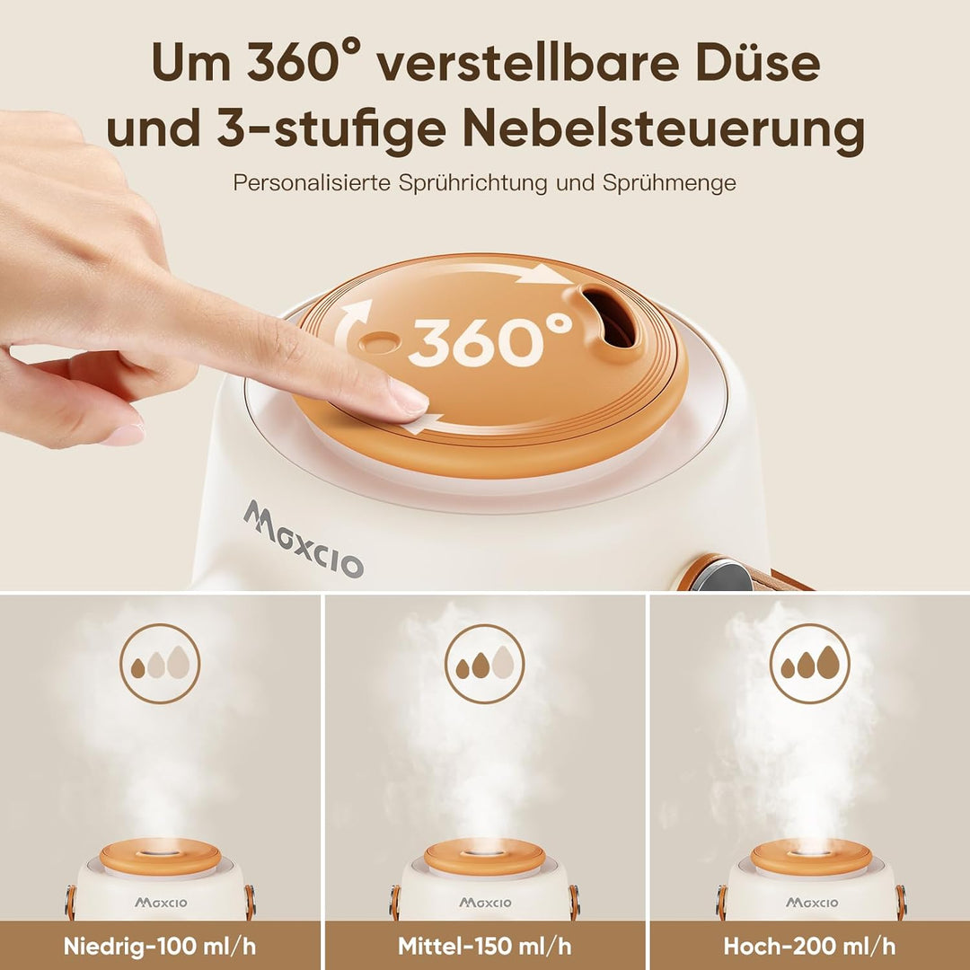 Maxcio 2,5L Luftbefeuchter Kinderzimmer, Cool Mist Humidifier mit 360°Drehbare Düse und Tragegriff,
