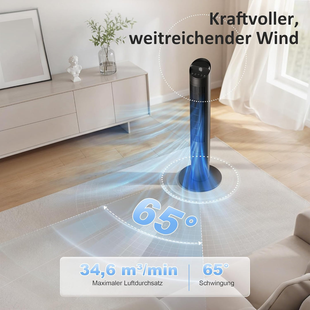 HOMCOM Turmventilator mit Fernbedienung, WiFi-App 65° Oszillierender 116 cm Ventilator mit 6 Geschwi