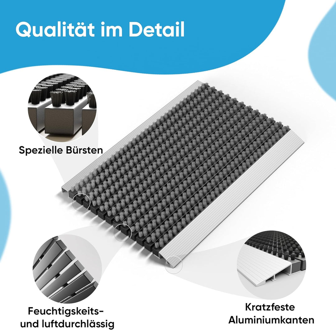 Fussmatte aussen alu mit Bürsten grau, Schmutzfangmatte 40 x 60 cm, Fussmatte Aussenbereich, Alumini