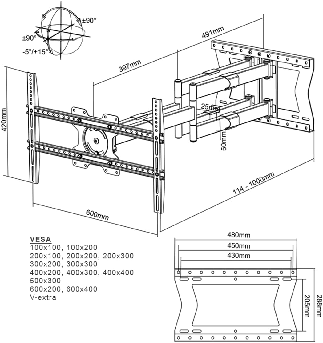XTRARM TiTon Double 100 cm, TV-Wandhalterung, schwenkbar, neigbar 80kg, VESA max.600x400 100 cm / 80