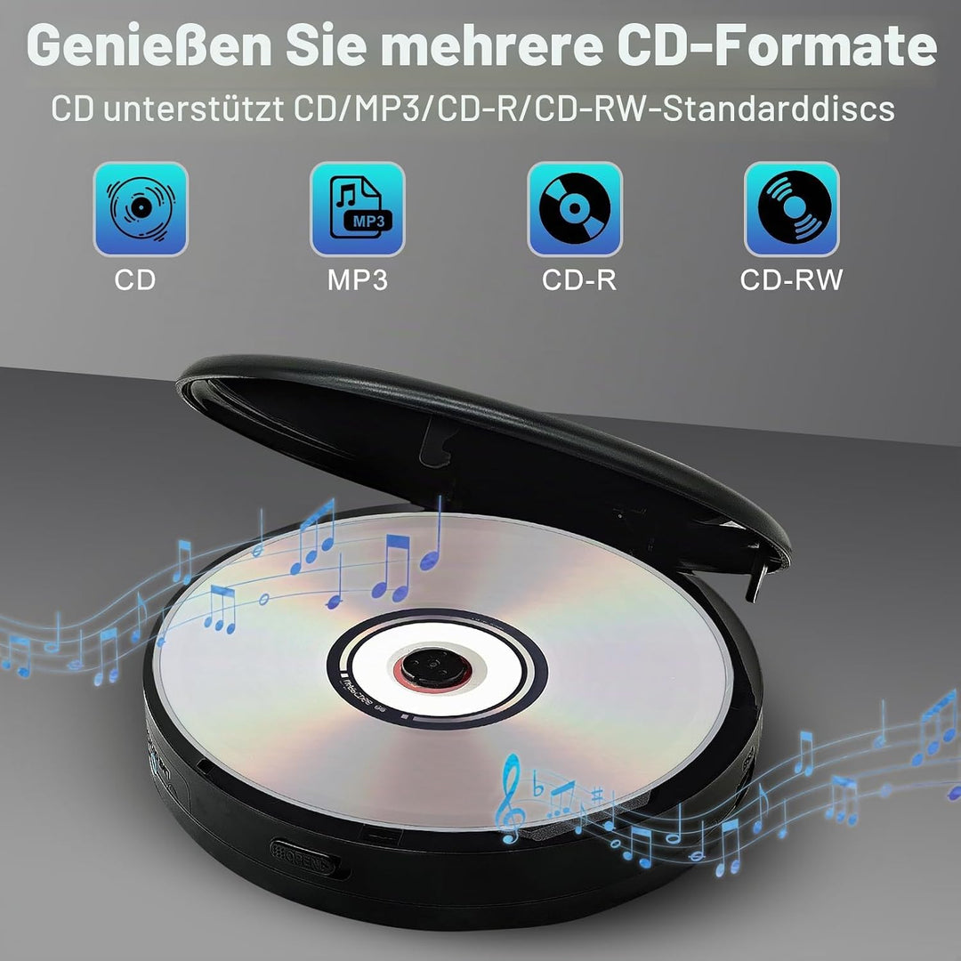 Tragbarer CD-Player mit Dual-Lautsprechern | Antischock, USB/AUX, LCD-Display | 5 EQ-Modi, A-B Repea