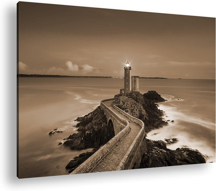 deyoli steiniger Weg zum Leuchtturm Effekt: Sepia, Format: 80x60 als Leinwandbild, Motiv fertig gera