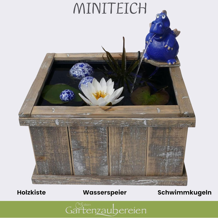 Storm's Gartenzaubereien Miniteich Set - Holzkiste mit Aufsatz Teich Becken für Wasserspeier Drache
