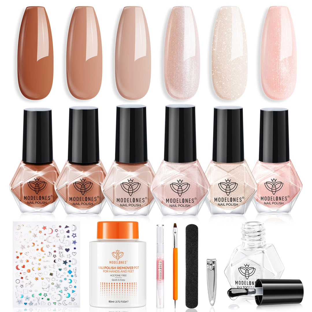 MODELONES Komplettes Nagellack Set, Nagellack Schnelltrocknend Herbst Braun Glitter Nude Rosa mit Ba