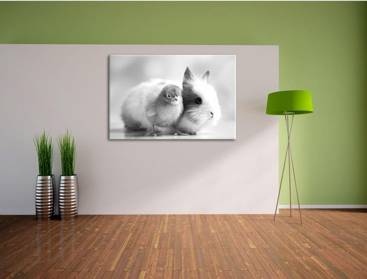 Pixxprint Küken mit Häschen / 100x70cm Leinwandbild bespannt auf Holzrahmen/Wandbild Kunstdruck Deko