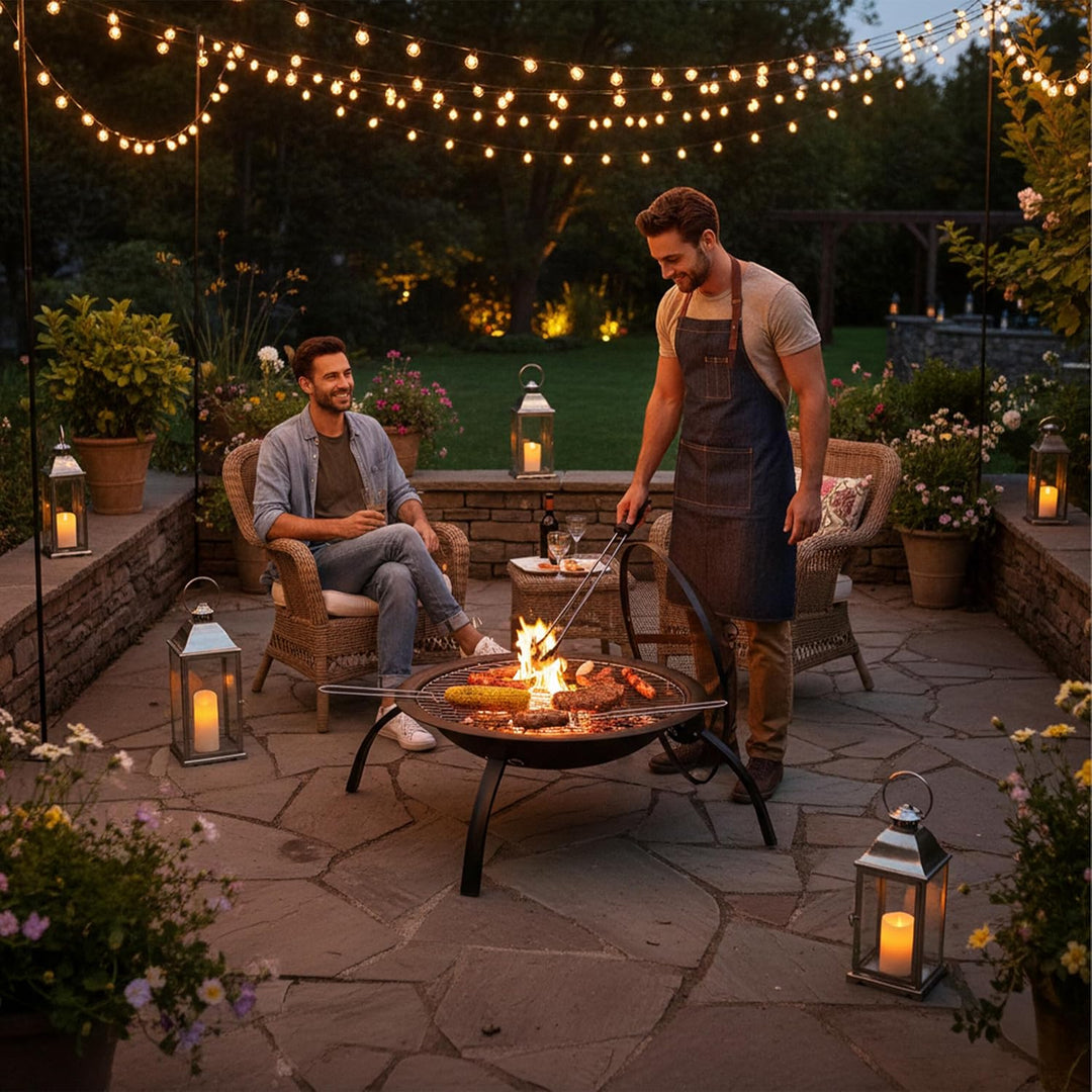 Relaxdays XL Feuerschale, Grill Rost, Schürhaken, Funkenschutz Deckel, Garten, Terrasse, Feuerstelle