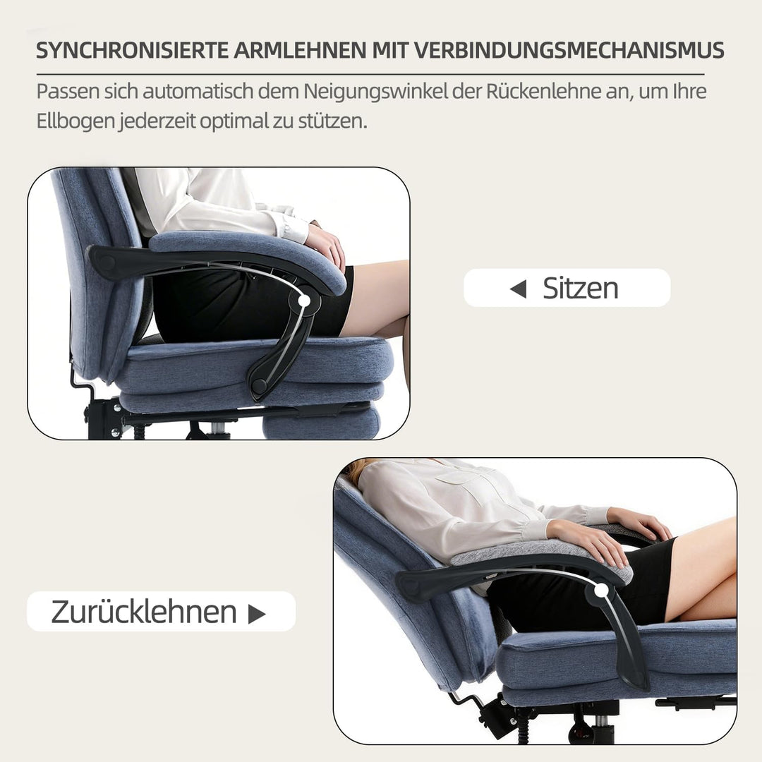 MZLEE Bürostuhl Ergonomisch, Schreibtischstuhl mit Fussstütze, Neigung 90-135°, Stoff Chefsessel mit