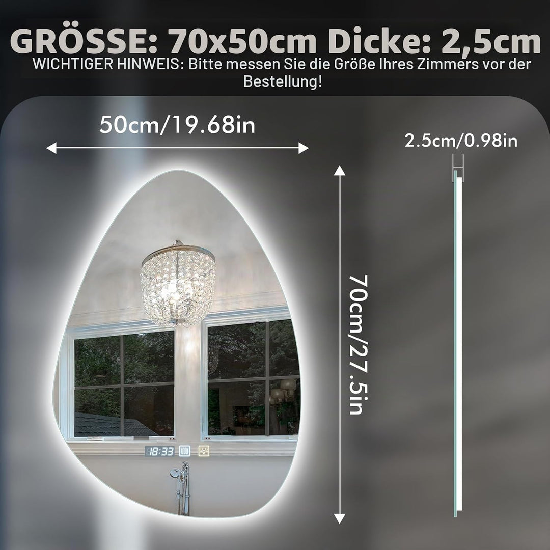 500 * 700mm Spiegel mit Beleuchtung, Asymmetrischer Badspiegel mit Beleuchtung, LED badezimmerspiege