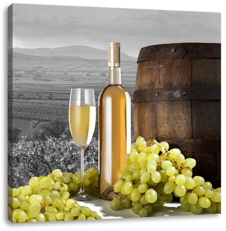 Pixxprint Weinreben mit Weinflasche und Fass als Leinwandbild/Grösse: 70x70 cm/Wandbild/Kunstdruck/f