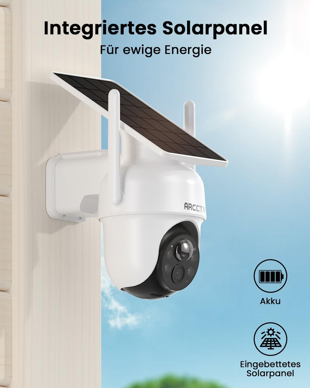 ARCCTV Überwachungskamera Aussen Set, Batteriebetriebene Kamera mit Solar 4-Kam-Set, 4-Kam-Set