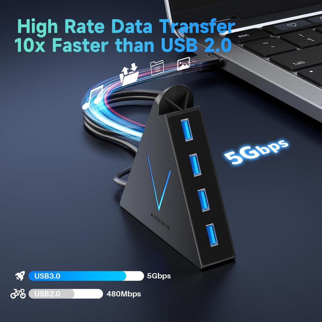 4-Port USB 3.0 Hub, FlyingVHUB USB Hub Tower mit 60 cm verlängertem Kabel, RGB-Beleuchtung (mit Scha